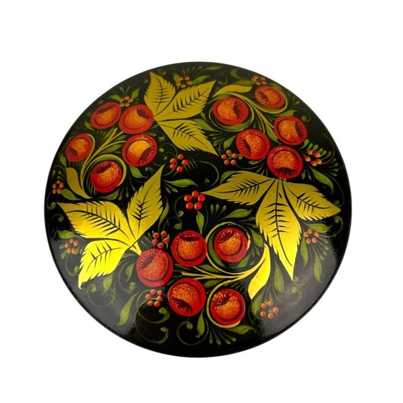Russian Black Lacquer Round Powder Trinket Box Gold Hand Painted Vanity VTG READ - Picture 2 of 16